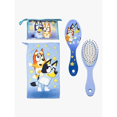 Abbildung von Bluey Kulturbeutel für Reisen, Zubehör mit Kamm, Handtuch und Tasche, Reisen oder Schule, blau, Transparente Kosmetiktasche Reißverschluss