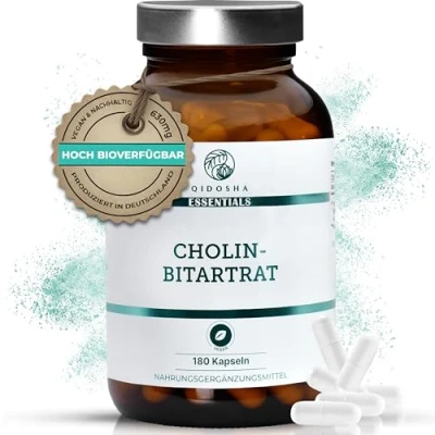 Abbildung von QIDOSHA® Cholin Bitartrat Kapseln hochdosiert, 180 im Apothekerglas, volle 630mg je Kapsel, vegan, laborgeprueft, deutsche Fertigung