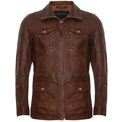 Abbildung von Infinity Leather Herren Casual Bräunen Braun Lederjacke Mit Regenmantel Mehreren Taschen 4XL