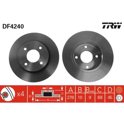Abbildung von TRW DF4240 Bremsscheibe 278 10 4 114,3 voll lackiert NISSAN: Primera Kombi, Limousine, Hatchback