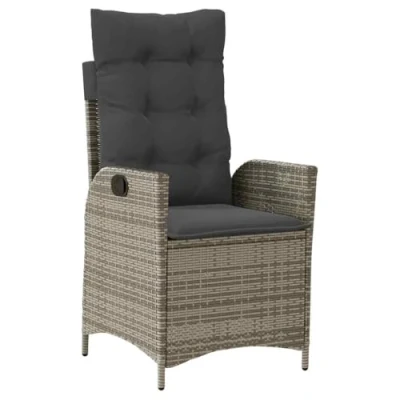Abbildung von vidaXL Gartenstuhl, Gartensessel mit Liegefunktion Kissen, Stuhl Sessel Verstellbar Stahlrahmen, Gartenmöbel Relaxsessel, Grau Poly Rattan