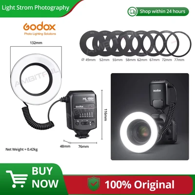 Abbildung von Godox ML150II Makro Ringblitz Perfektes Licht für Makrofotografie t 4xAA Alkaline Batterien Einstellbare Helligkeit Hohe Leitzahl GN12