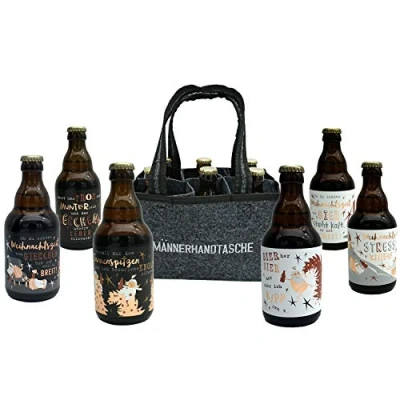 Abbildung von Jack&#039;s Weihnachtsbier Männerhandtasche/gefüllt mit 6 Bierflaschen 0,33l Weihnachten/Bier Weihnachten/witzige Sprüche zum Fest/Sixpack/für echte Männer/Weihnachtsbier