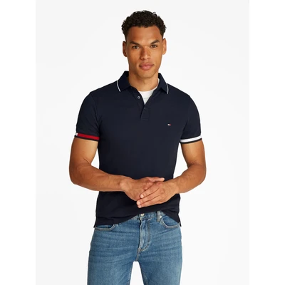 Abbildung von Tommy Hilfiger Herren Poloshirt Kurzarm Flag Cuff Slim Fit, Blau (Desert Sky), XL