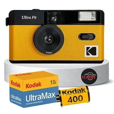 Abbildung von Wiederverwendbares Filmkamera Set enthält eine gelbe Kodak Ultra F9 Filmkamera, Ultramax 35 mm Film, 36 Belichtungen und Clikoze Kamerafilm Fotografie Tipps Karte