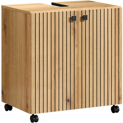 Abbildung von welltime Waschbeckenunterschrank &quot;Amrum WBU Badschrank mit Siphonausschnitt Unterbeckenschrank&quot;, BxHxT 60 x 64 42cm Eiche Rillenoptik