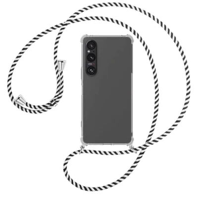 Abbildung von mtb more energy® Handykette kompatibel mit Sony Xperia 1 VI schwarz/weiß gestreift/Metallteile: Silber Smartphone Hülle zum Umhängen TPU Case