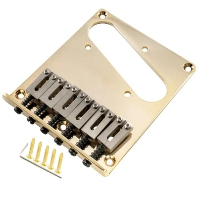 Abbildung von Musiclily Pro 54mm Modern Telecaster Steg Bridge T Style Brücke 6 SUS Edelstahl Saitenreiter für Fender Squier Tele E Gitarre, Gold