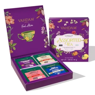 Abbildung von VAHDAM, Sorten Tee Probierset (25 Geschmacksrichtungen, 25 Stück) Teesortenpackung Kräuter, Grüner, Chai &amp; Schwarzer Langblättrige Teebeutel Geschenkset Geschenke Für Frauen Und Männer