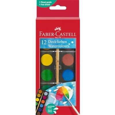 Abbildung von FABER CASTELL 125017 Wasserfarbkasten 12 Farben, inkl. Pinsel, Malkasten für Schule und Freizeit