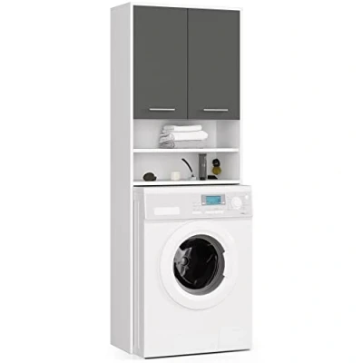 Abbildung von AKORD Hängender Waschmaschinenschrank überbauschrank Waschmaschienenüberschrank B64 x H180 T30 cm, Gewicht 30 kg, Umbauschrank mit 2 Türen, offene Ablagefächer Weiß &amp; Graphitgrau Front