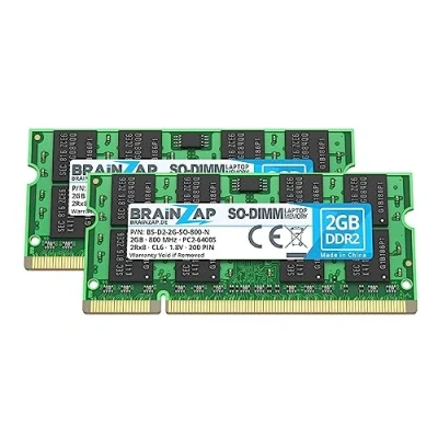 Abbildung von BRAINZAP 4GB DDR2 RAM SO DIMM PC2 6400S 2Rx8 800 MHz 1.8V CL6 Notebook Laptop Arbeitsspeicher (2X 2GB)