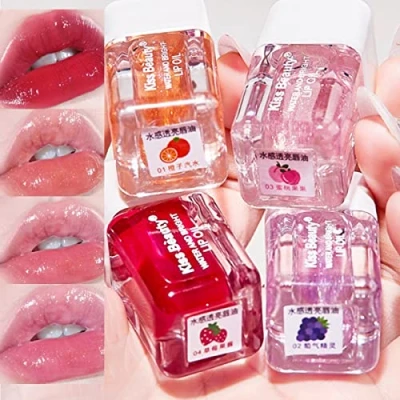 Abbildung von 4 PCS Aufpolsternder Lippenöl Set, Hydratisierender Schimmer Lippenstift Perlglanz Lipgloss Getönter Lippenbalsam Lippenpflege Transparentes Lippenöl, Lip Plumper Lipstick Glow Oil