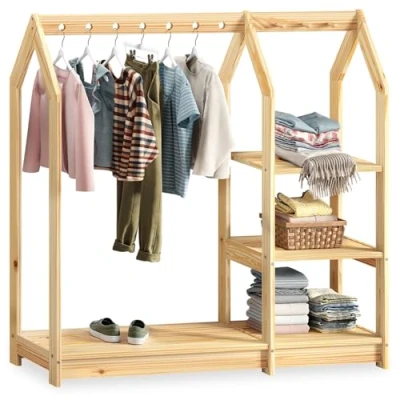 Abbildung von IDIMEX Kinder Kleiderständer Sally, Natur Kinderzimmer Schrank Hausform, offener Kleiderschrank nach Montessori aus Kiefer mit 7 Löchern für Kleiderbügel, 4 Ablageböden, Garderobenständer