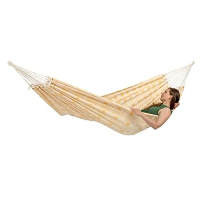 Abbildung von AMAZONAS XXL Hängematte Carioca Gold Jacquard Liegefläche 250 x 175 cm für 2 Personen bis 200 kg in Natura hellgelb aus recycelte Baumwolle weich sehr stabil edler Look handgewebt (Gold)