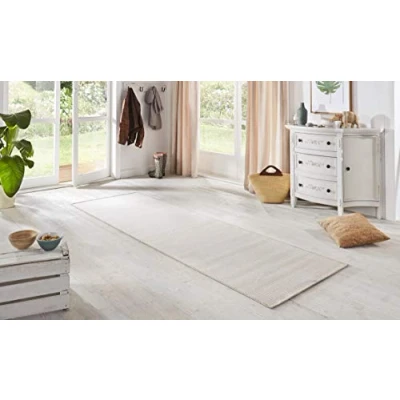 Abbildung von BT Carpet Nature Läufer In und Outdoor Schlingen Küchenläufer Rutschfest Flachgewebe Kurzflor Woll Optik Fineloop Küchenteppich für Flur, Küche, Garten, Terrasse, Badezimmer Creme Weiß, 80x350cm