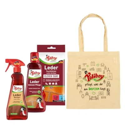 Abbildung von poliboy Leder Pflege Set 575ml Lederreiniger (verschiedene Pflegeprodukte inkl. Baumwollbeutel Made in Germany)