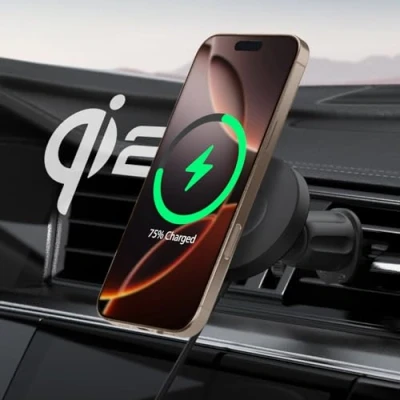 Abbildung von Spigen OneTap Pro 4 Qi2 15W MagSafe Autohalterung mit Ladefunktion, Zertifiziert, Lüftungshaken Ladegerät, Schellladen, Auto Handyhalterung für iPhone 16 15 14 13 12 Max Plus Schwarz