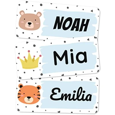 Abbildung von melu kids® Namensaufkleber für Kinder Kleidung &amp; Gegenstände (60 Stück) Kita/Schule Namensschilder waschmaschinenfest und personalisiert (blau)
