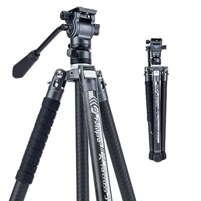 Abbildung von Fotopro X Aircross 3 Video 62 Zoll leichtes Reise Kamera Stativ mit Fluid Kopf 2.35lbs ultraleichtes tragbares professionelles Reisestativ aus Kohlefaser für DSLR Last bis zu 22lbs grau