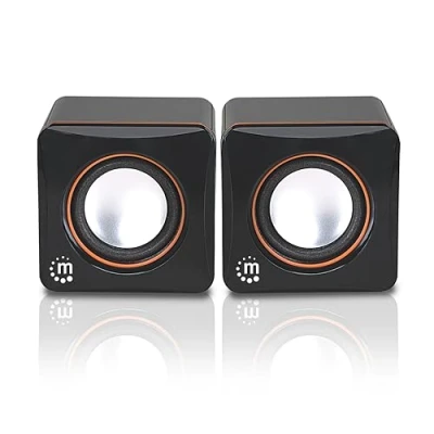 Abbildung von Manhattan Lautsprecher Set (5 Watt, 3,5mm Klinke Stecker, USB Stromversorgung, für PC, Laptop, Tablet und Smartphone) schwarz/orange, 161435