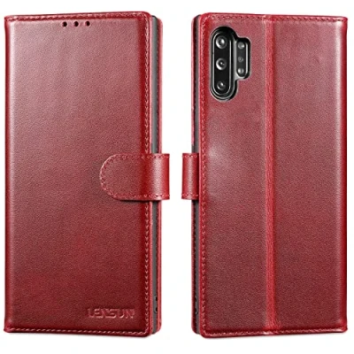 Abbildung von LENSUN Echtleder Hülle für Samsung Galaxy Note 10 Plus, Handyhülle [Echtes Leder] [RFID Blocker] Handytasche Lederhülle 10+ 5G Weinrot