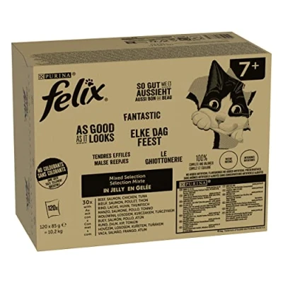Abbildung von FELIX So gut wie es aussieht Senior Katzenfutter nass in Gelee, Sorten Mix, 120er Pack (120 x 85g) Rind, Lachs, Huhn, Thunfisch