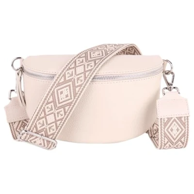 Abbildung von MIRROSI® Bauchtasche Damen, Echtleder, Made in Italy, Umhängetasche, Brusttasche, Crossbody Bag (1 Tasche &amp; 2 Gurte) (Beige (KARO Beige Taupe), Kleine (22x13x6cm))