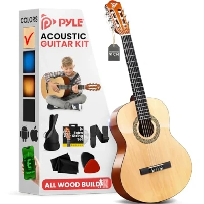 Abbildung von Pyle Akustik Gitarre für Kinder ab 8 Jahre Acoustic Guitar with Strings, Anfänger Größe 3/4 mit Gitarren Tuner, Set &amp; Tasche, 6 saitige klassische aus Handgefertigte Holzkonstruktion