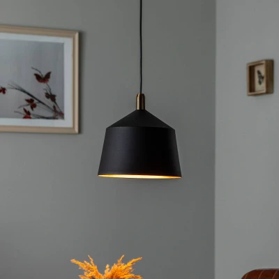 Abbildung von Hängeleuchte 1 Lampe konische Kuppel Poco Metall Schwarz und Gold Menzzo