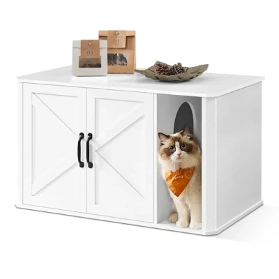 Abbildung von Feandrea Katzenhaus, Katzenklo Schrank modern, Vordereingang, mit Doppeltür und Griffen, als Sideboard, 85 x 48,5 50 cm, wolkenweiß PCL012W01