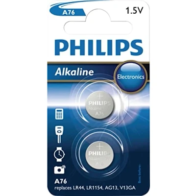 Abbildung von Knopf, Marke PHILIPS Modell Alcaline, 1,5 V, LR44, X2