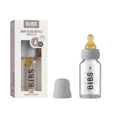 Abbildung von BIBS Baby Glass Bottle, Vermindert Koliken, Runder Sauger aus Naturkautschuklatex, Unterstützt das Stillen. Hergestellt in Dänemark, Complete Set 110 ml, Cloud