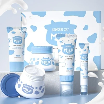 Abbildung von LAIKOU Gesichtspflege Set, Feuchtigkeitscreme Gesicht Damen, 5 Stück Milch Reiniger, Sonnenschutz Augencreme Feuchtigkeitsspendende Gesichtscreme, Deep Hydrating Smoothing 5pcs