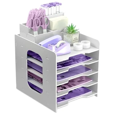 Abbildung von HMXLJJY Briefablage Organizer, A4 Papier Ablagefächer,5 stöckiges Büro Aktenablage, Schreibtisch Datei Tidy Organizer mit stapelbarer Ablage Stifthalter (weiß)