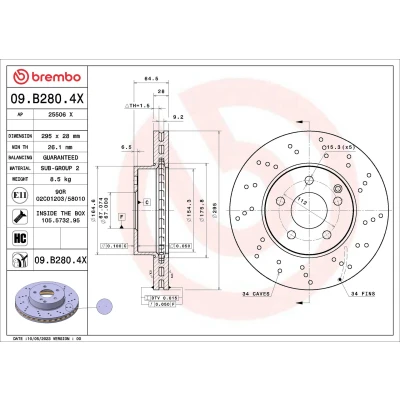 Abbildung von BREMBO Bremsscheibe MERCEDES BENZ: C Klasse T modell, Limousine, E modell 295mm 28mm 5 gelocht/innenbel. beschichtet 09.B280.4X