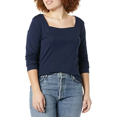 Abbildung von Amazon Essentials Damen T Shirt Mit Langen Ärmeln Und Eckigem Ausschnitt Schmaler Passform, Marineblau, XS
