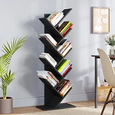 Abbildung von YITAHOME Bücherregal mit 9 Ebenen, CD DVD Regal Holz Industrielle Bodenstehend Baum Bücherregal, Kinder Kleines Holzregale Standregal Eckregal Organizer für Bücher Wohnzimmer Zeitschriften Büro