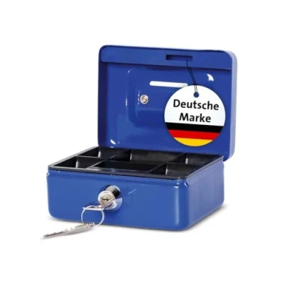 Abbildung von MAUL Geldkassette aus Stahl mit Münzeinwurfschlitz für Kleingeld abschließbar und tragbar 12,5x10,5x6,1 cm geeignet als Spardose, kleiner Safe, Tresor, Trinkgeldkasse Blau