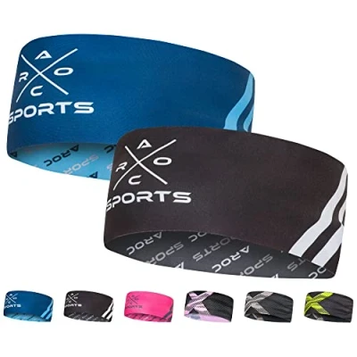 Abbildung von 2er Set atmungsaktives Sport Stirnband Damen &amp; Herren schnelltrocknendes Kopfband zum Wenden elastisches Haarband, Schweißband Stirn (blau/schwarz)