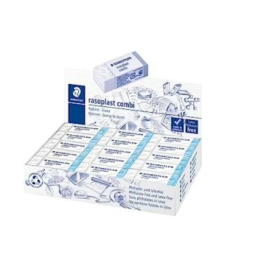 Abbildung von STAEDTLER 526 BT30 Radierer rasoplast combi phtalat und latexfrei, Schachtel mit 30 Stück, weiß/blau