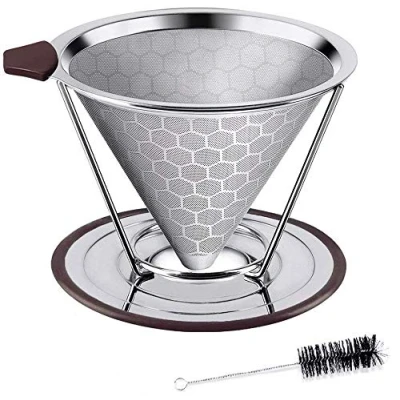 Abbildung von HOUSON Permanenter Kaffeefilter Wiederverwendbare Handfilter Edelstahl Kaffee Filter Metall Mesh mit Cup Cleaner Pinsel und Getrennte Stehen für 4 Tassen