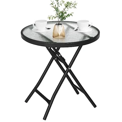 Abbildung von eSituro Klapptisch, Beistelltisch klappbar, Balkontisch Campingtisch Gartentisch Bistrotisch, mit Metallrahmen, runde Tischplatte aus gehärtetem Glas, φ46x47,5cm, Schwarz+transparent