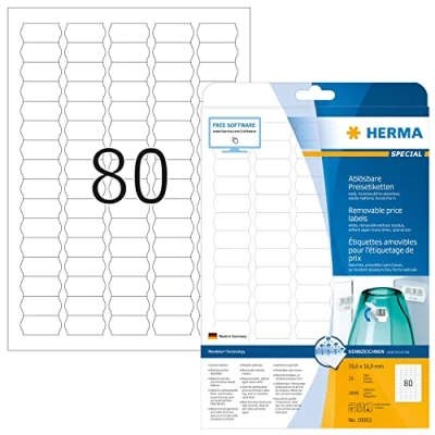 Abbildung von HERMA 10002 Preisetiketten ablösbar, 800 Blatt, 35,6 x 16,9 mm, 80 pro A4 Bogen, 64000 Stück, selbstklebend, bedruckbar, matt, blanko Papier Preisschilder Etiketten Aufkleber, weiß