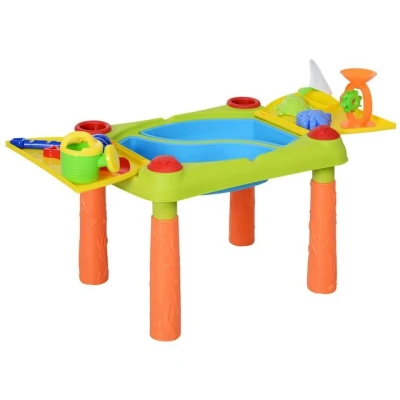 Abbildung von HOMCOM Sandkasten mit 16 tlg. Zubehör Spieltisch, (Sandkastentisch, 1 tlg., Strandspielzeug), für Garten, Balkon, Grün+Gelb+Orange