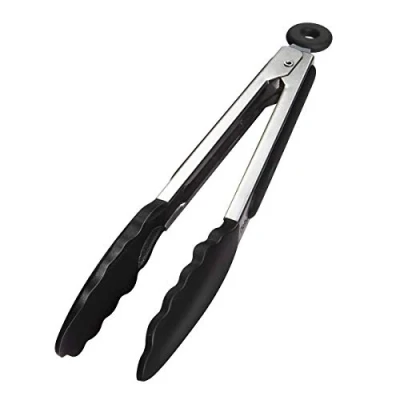 Abbildung von iNeibo Grillzange Küchenzange Zange Küche aus Rostfreim Edelstahl und Silikon Fleischzange Kochzange mit Hitzebeständigem Silikongriff 23cm Schwarz