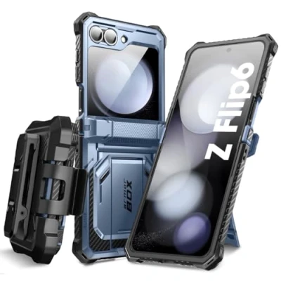 Abbildung von i Blason für Samsung Galaxy Z Flip 6 Hülle mit Ständer, Scharnierschutz Handyhülle Bumper Case Schutzhülle [Armorbox] integriertem Displayschutz und Gürtelclip (Blau)