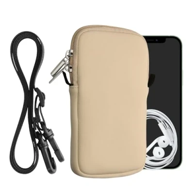 Abbildung von kwmobile Handytasche für Smartphones L 6,5&quot; Neopren Handy Hülle Creme mit Kordel Tasche Handykette 16,5 x 8,9 cm Innenmaße