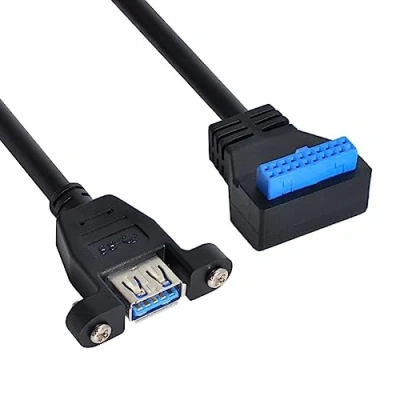 Abbildung von CY USB 3.0 Single Port A Female Screw Mount Type to Motherboard 20pin Header Cable 90 Black Down Angled