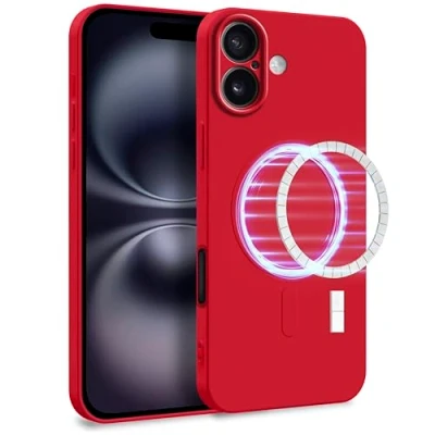 Abbildung von MyGadget Hülle für Apple iPhone 16 Plus [ kompatibel mit MagSafe ] Zweilagige Handyhülle Kameraschutz Cover Innenfutter &amp; Silikon außen Rot